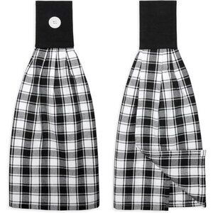 Black White Check Hanging Kitchen Towels Set Cotton Dish Hand Towels Button